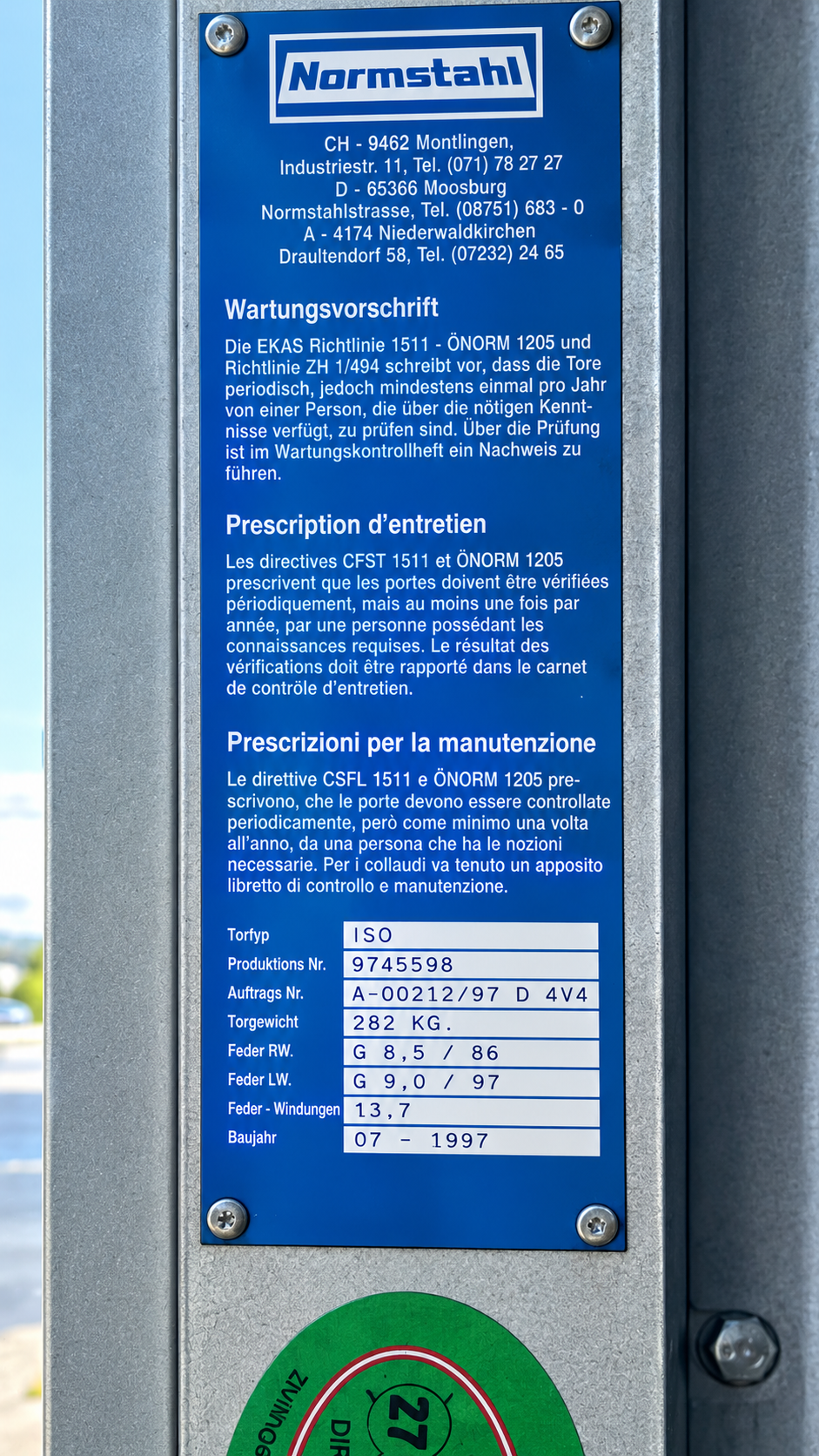 Plaque signalétique du ressort de torsion industriel Normstahl