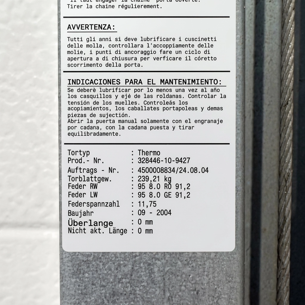 Plaque signalétique du ressort de torsion industriel Novoferm