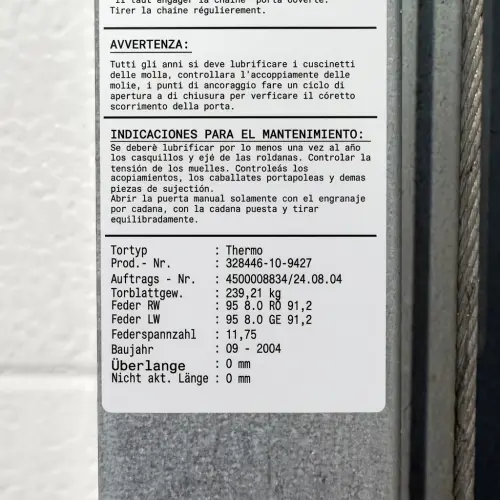 Plaque signalétique du ressort de torsion industriel Novoferm